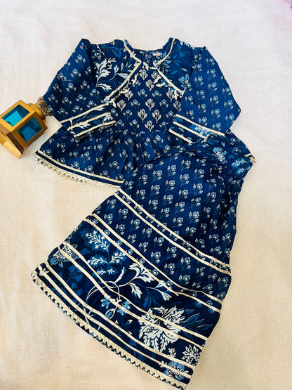 Purple and Blue Floral Printed Gathered Kurta with Palazzo