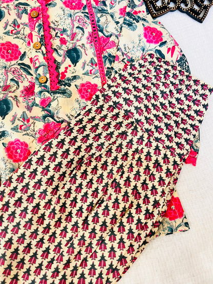 Pink Flower printed Straight Kurta with Dhoti Style Tulip Pant