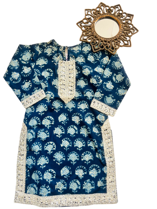 Blue Block Printed Straight Kurta with Palazzo