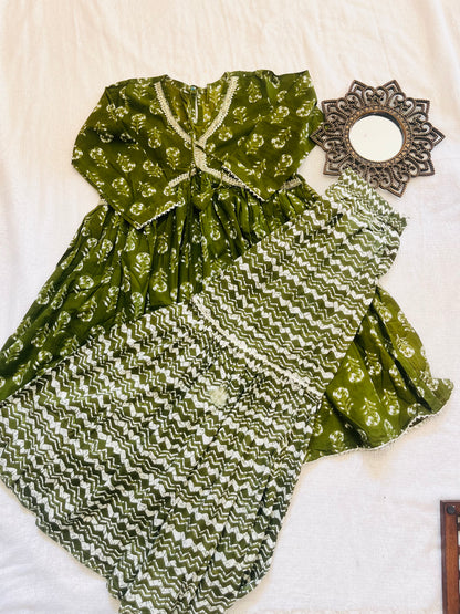 Block Printed Heena Green Coloured Anakari Suit with Sharara