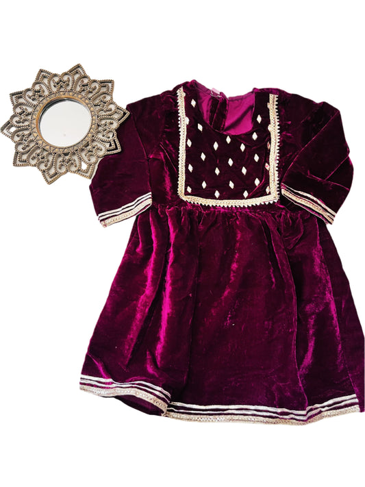Wine Coloured Mirror-Embroidery Velvet  Kurti With Sharara