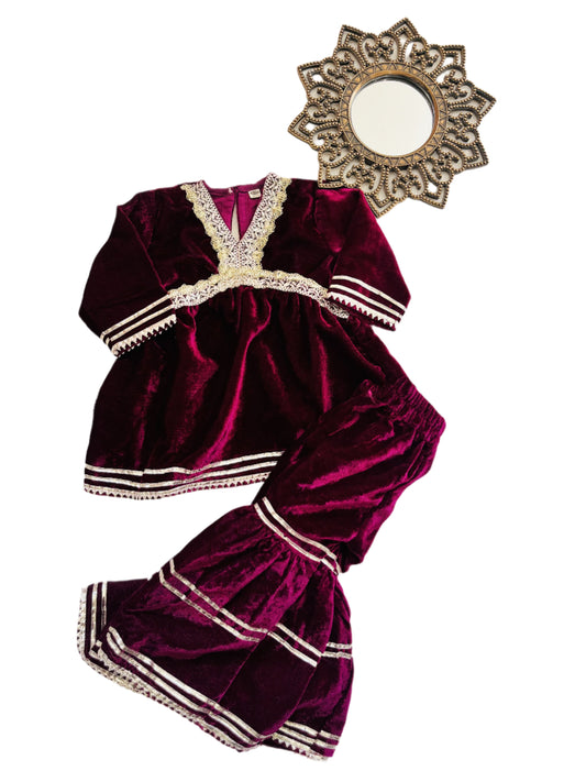 Pink Coloured Alia Cut Velvet Kurti With Sharara