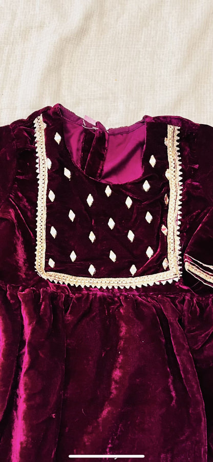 Wine Coloured Mirror-Embroidery Velvet  Kurti With Sharara