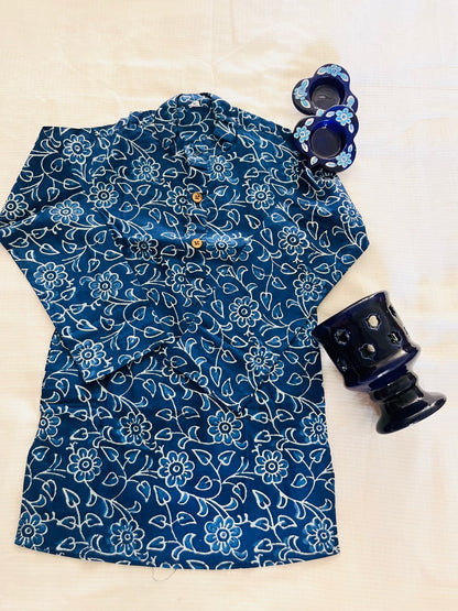 Indigo blue discharge printed Kurta -Pyjama