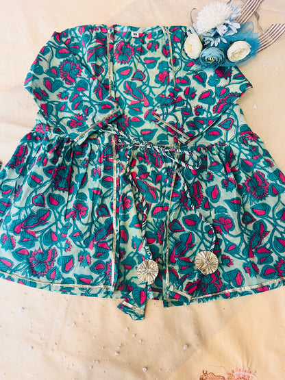 Sea Green Floral Printed 3 Piece Co-Ords For Girls