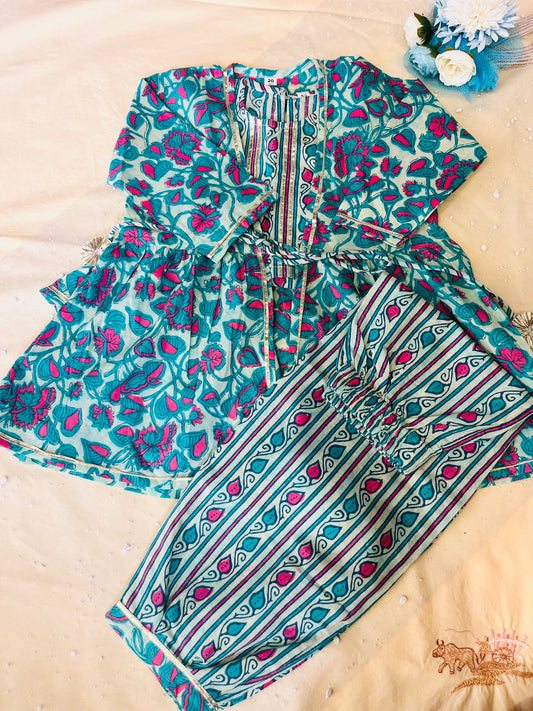 Sea Green Floral Printed 3 Piece Co-Ords For Girls