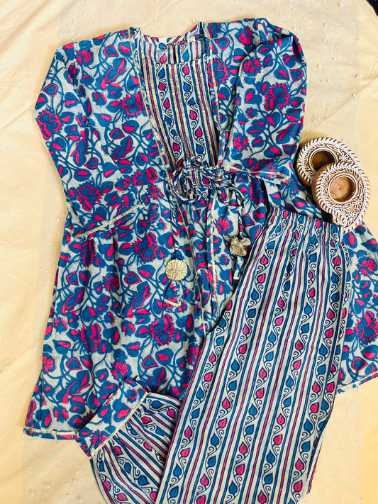 Blue Floral Printed 3 Piece Co-Ords For Girls