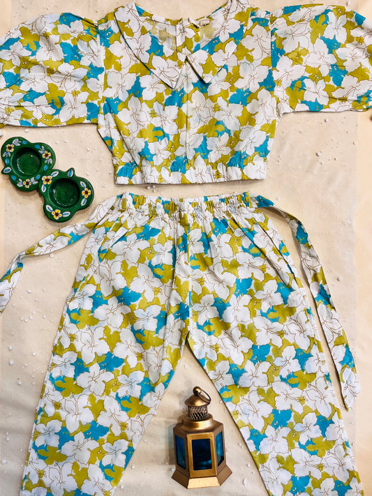 White Flower Printed Girls Co-Ords