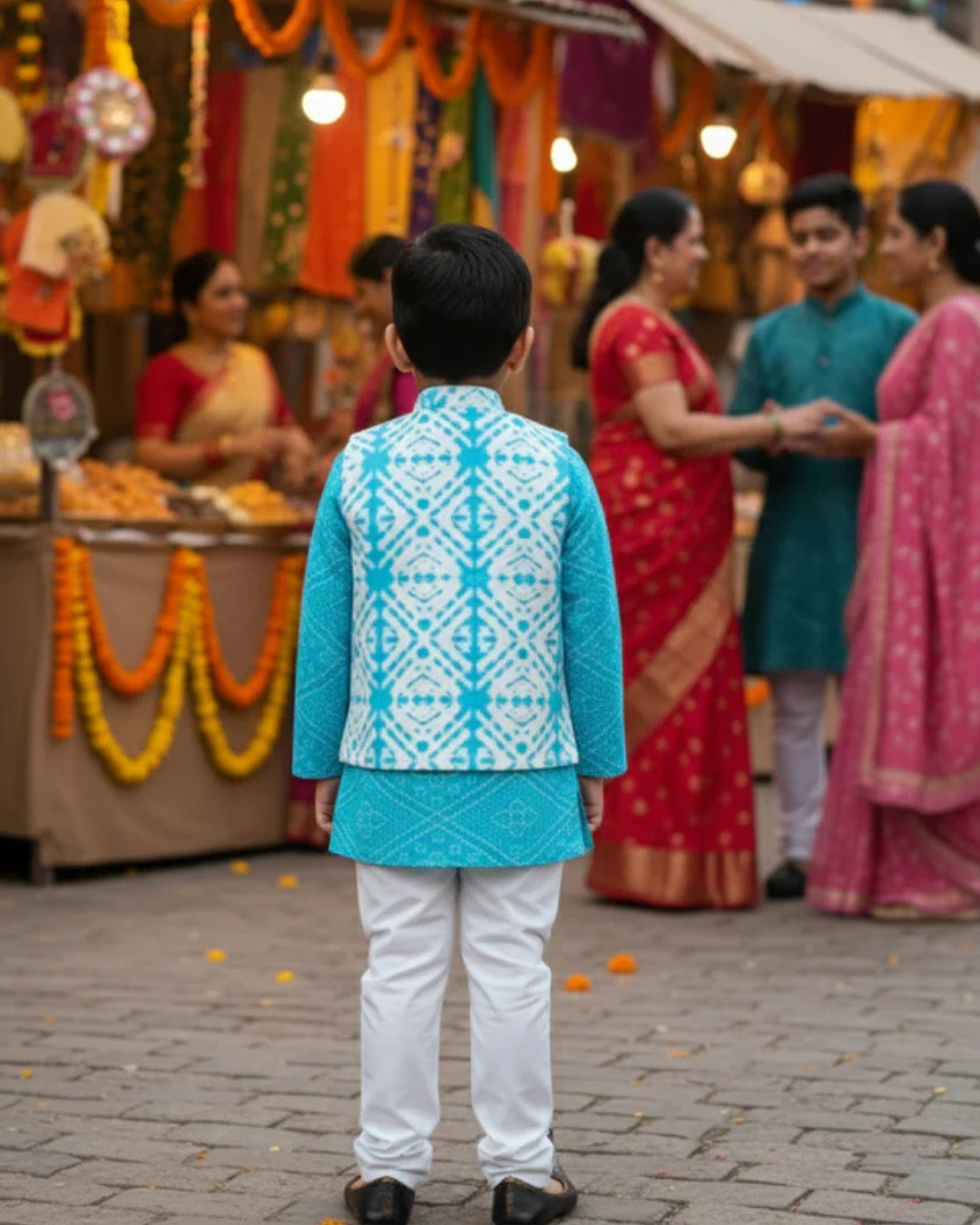Sky Blue Bandhej Kurta And Jacket With Pyjama (Tie and Dye )