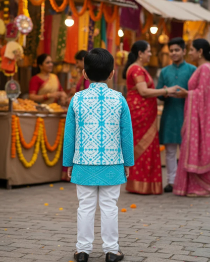 Sky Blue Bandhej Kurta And Jacket With Pyjama (Tie and Dye )