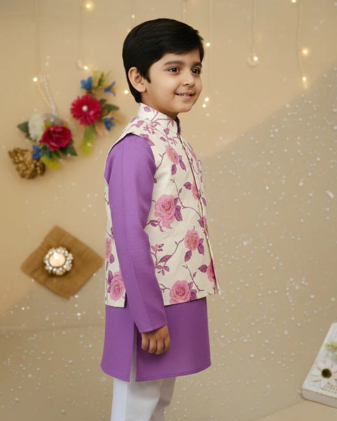 Lavender rose print kurta Pyjama with jacket