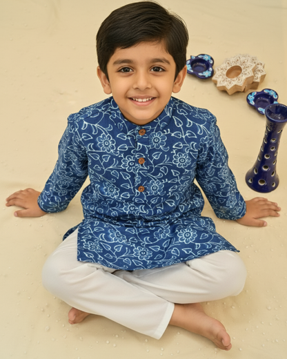Indigo blue discharge printed Kurta -Pyjama