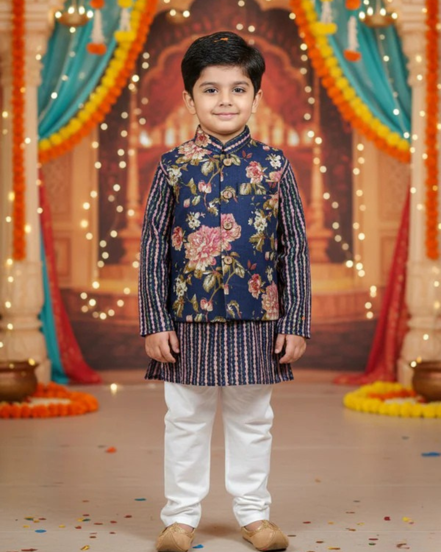 Royal Blue Fulwari Print Jacket with Kurta-Pyjama