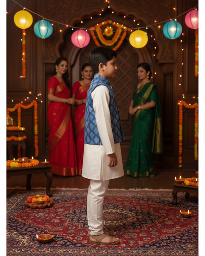Royal Blue Jaal Buta Jacket with Kurta Pyjama