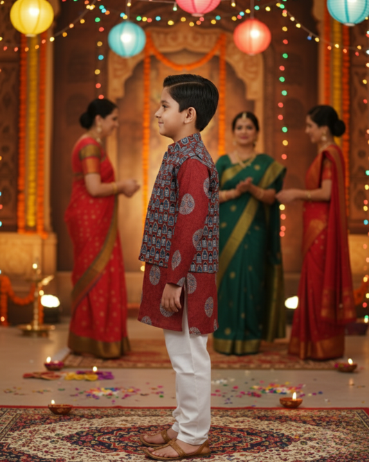 Mehroon Ajrakh Jacket with Kurta-Pyjama