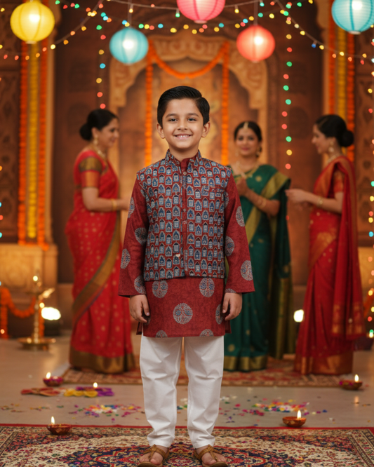 Mehroon Ajrakh Jacket with Kurta-Pyjama