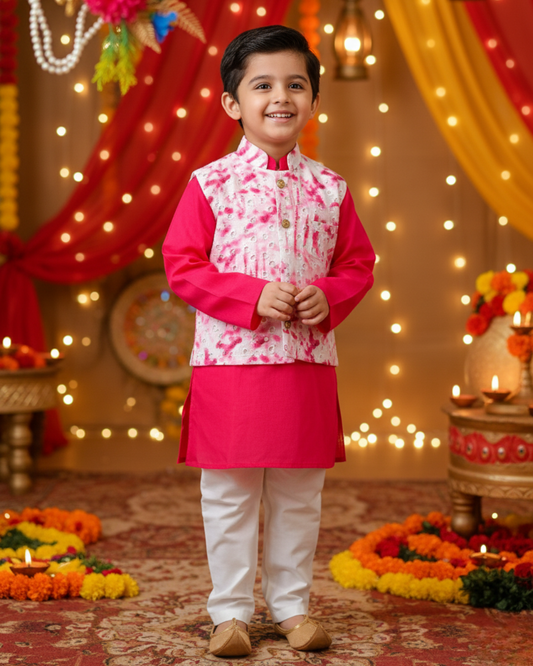 Schiffli Magenta Pink Jacket with Kurta -Pyjama