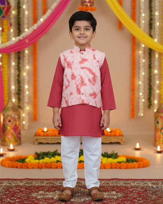Schiffli Peach-Rust Jacket with Kurta -Pyjama