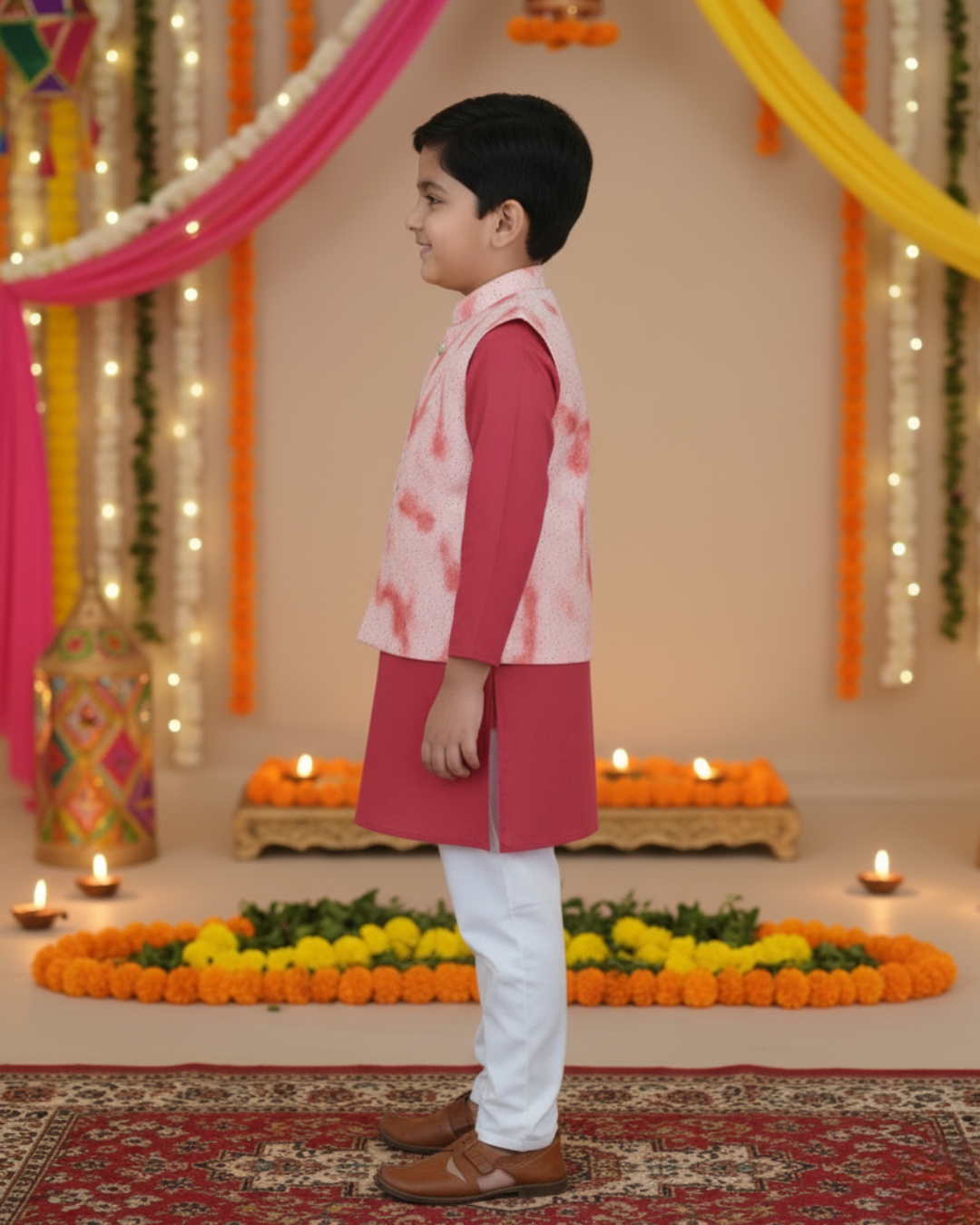 Schiffli Peach-Rust Jacket with Kurta -Pyjama