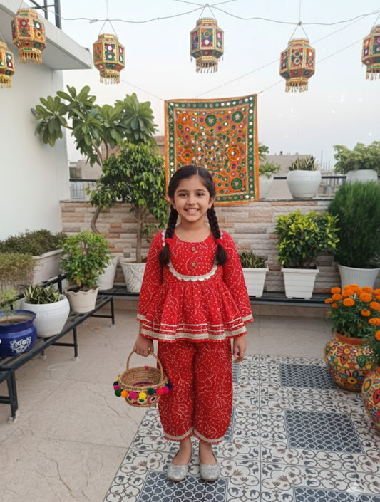 Red Bandhej Anarkali Kurta with Afghani Salwar