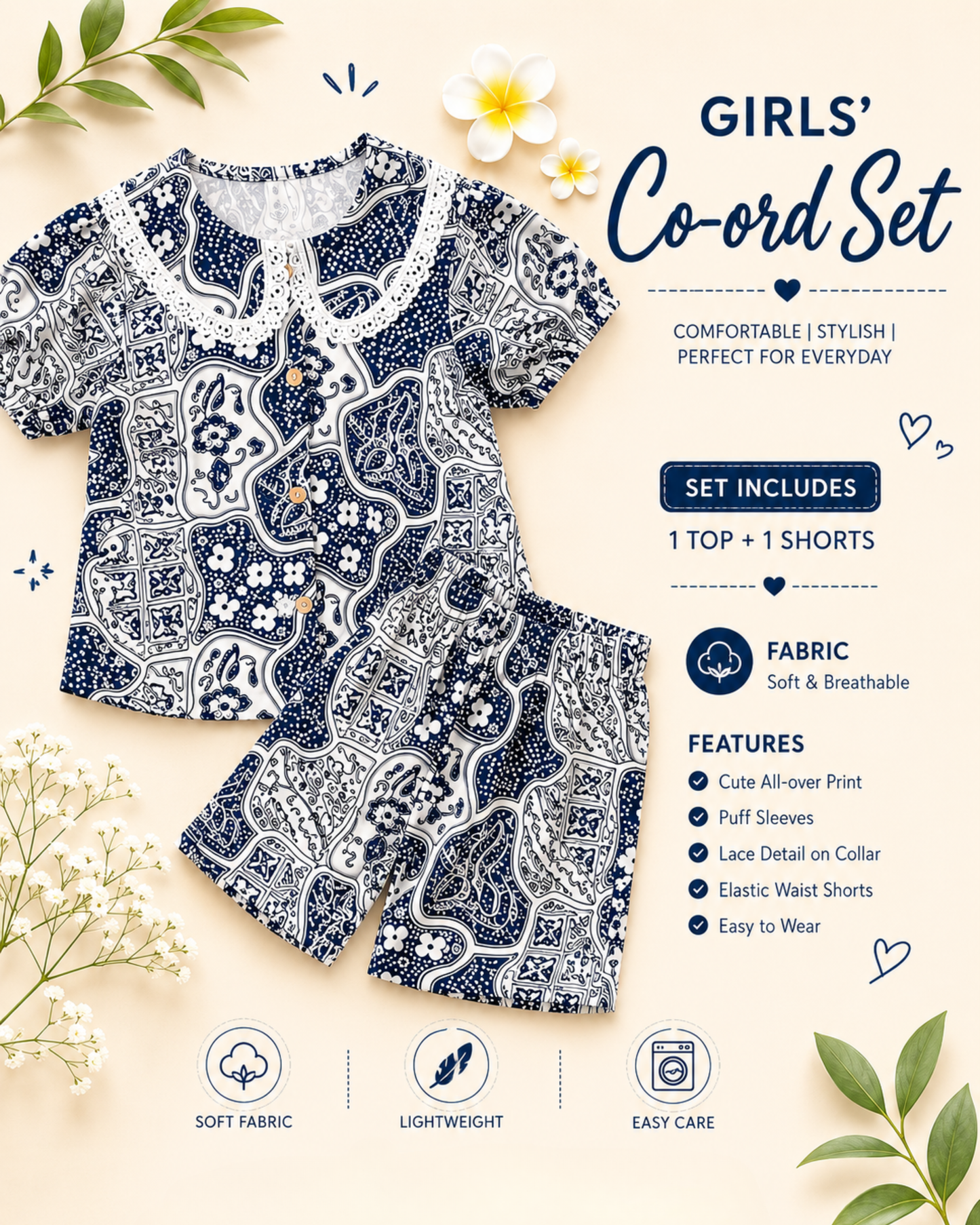 Handcrafted Abstract Girls Cord Set with Peter Pan Collar
