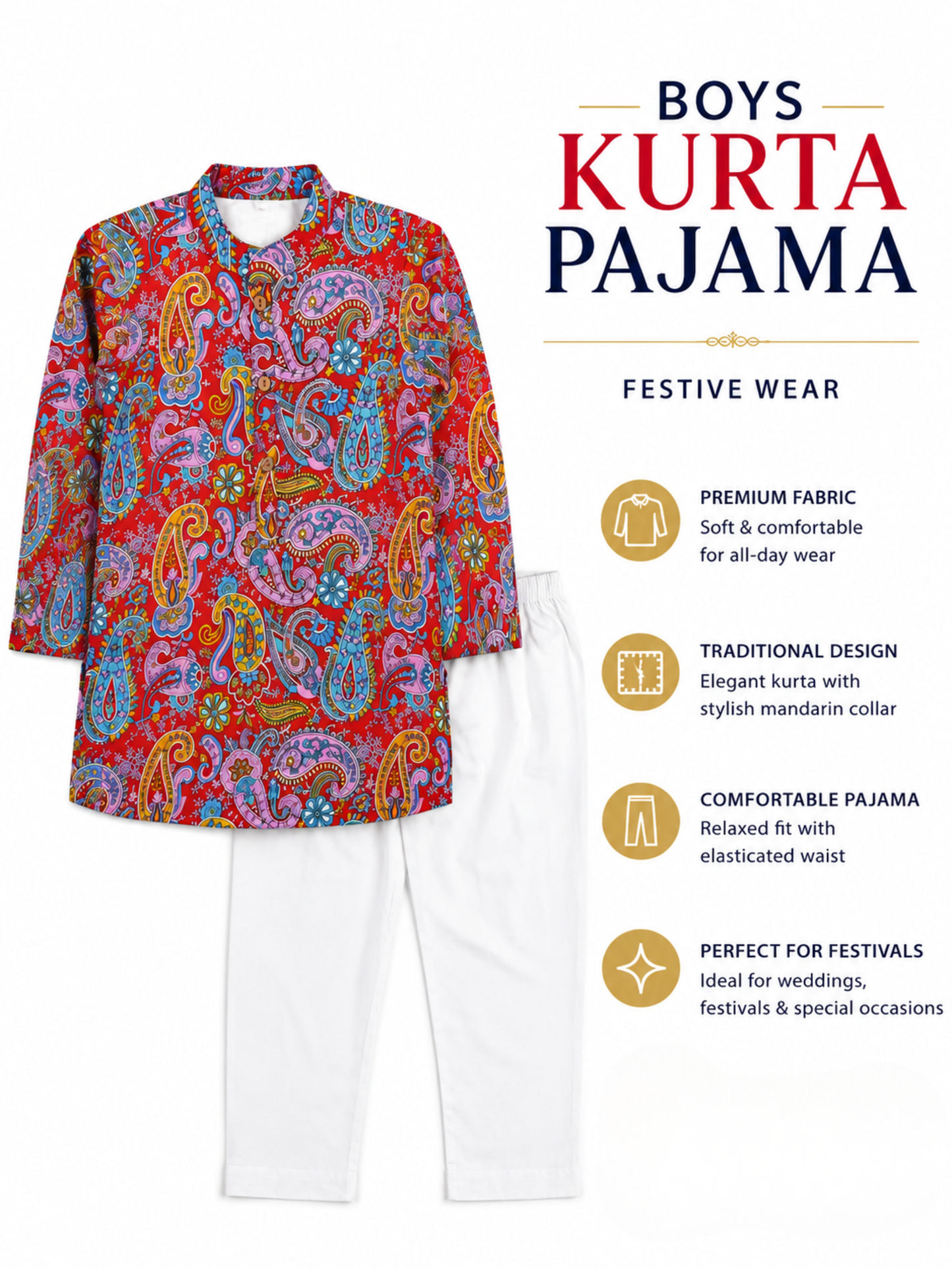 Boys Paisley Printed Cambric Cotton Kurta Pyjama Set