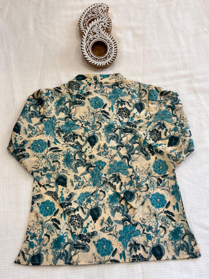 Teal Blue Floral Printed Boy's Kurta