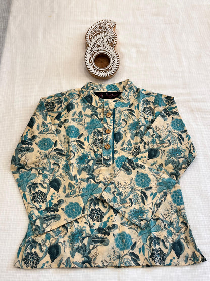 Teal Blue Floral Printed Boy's Kurta
