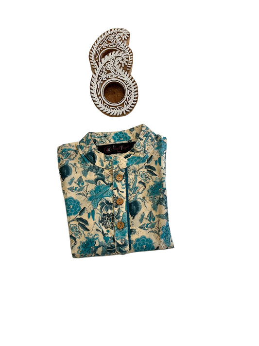 Teal Blue Floral Printed Boy's Kurta