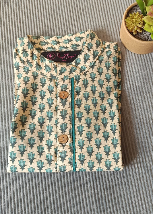 SeaGreen Block Printed Boy's Kurta