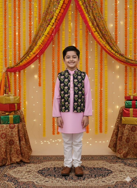 Lavender Floral Print Jacket with Kurta -Pyjama