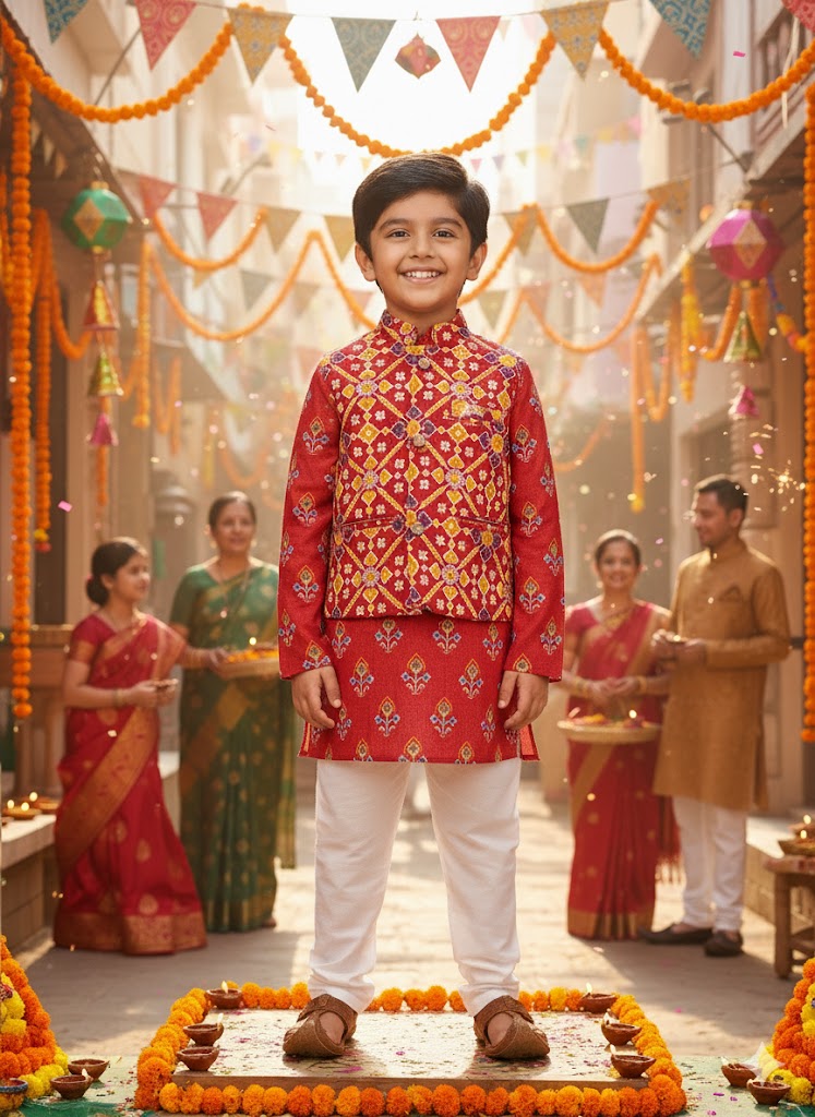 Red Patola Print Jacket with Kurta -Pyjama