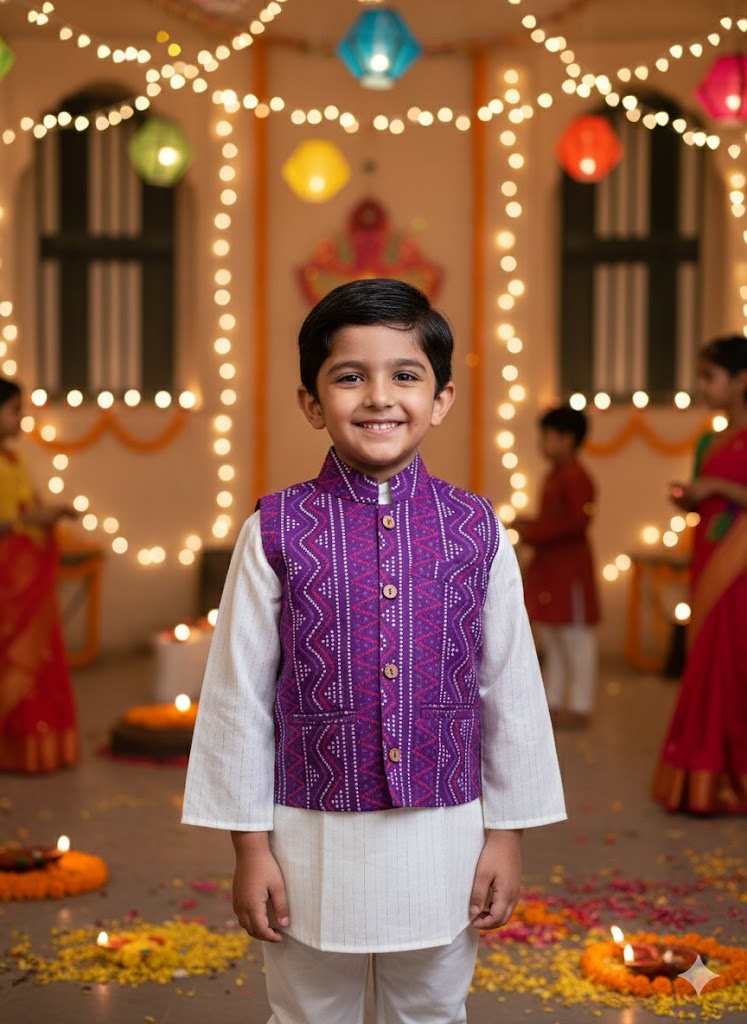 Purple Bandhej Jacket With Lurex Kurta Pyjama