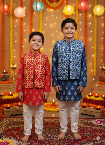 Red Patola Print Jacket with Kurta -Pyjama