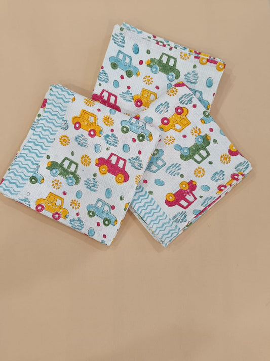 Kids White Waffle Cotton Bath Towel with Cute Car Print