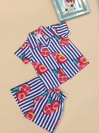 Purple Striped-quirky-fruit printed Cord-Set  for Boys