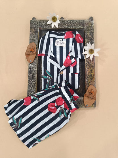 Black Striped-quirky-fruit  printed Cord-Set  for boys