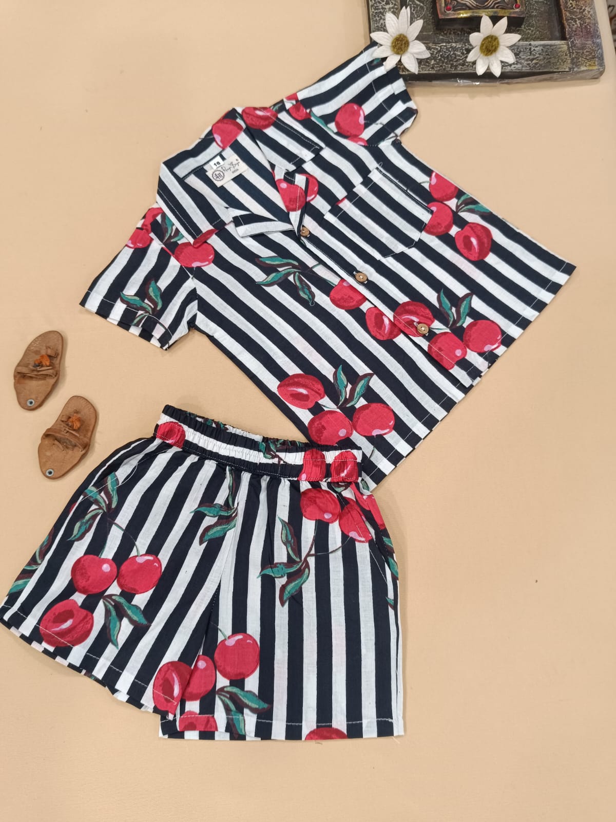 Black Striped-quirky-fruit  printed Cord-Set  for boys