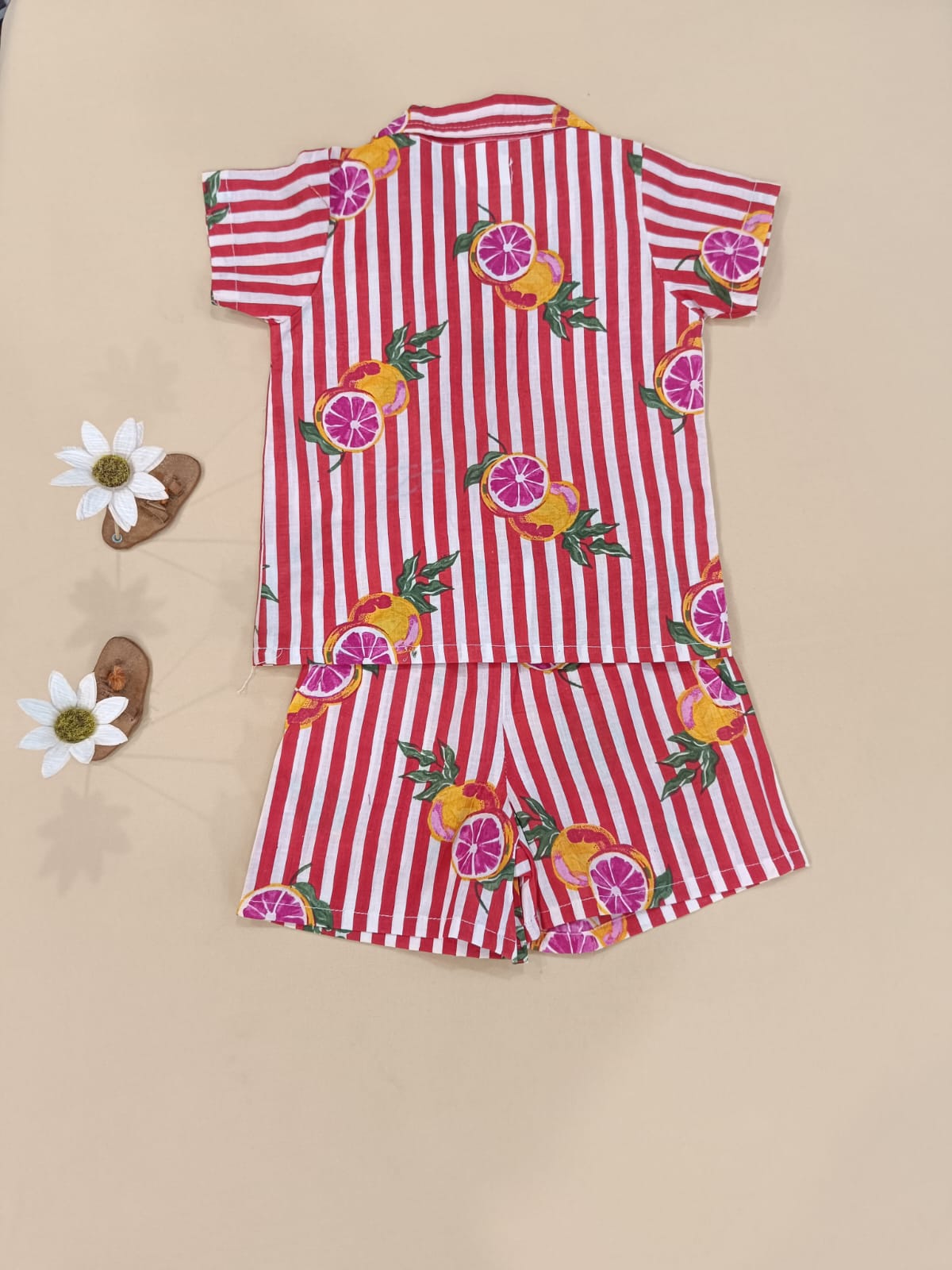 Red Striped-quirky-fruit  printed Cord-Set  for boys