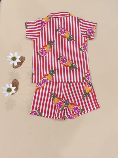 Red Striped-quirky-fruit  printed Cord-Set  for boys