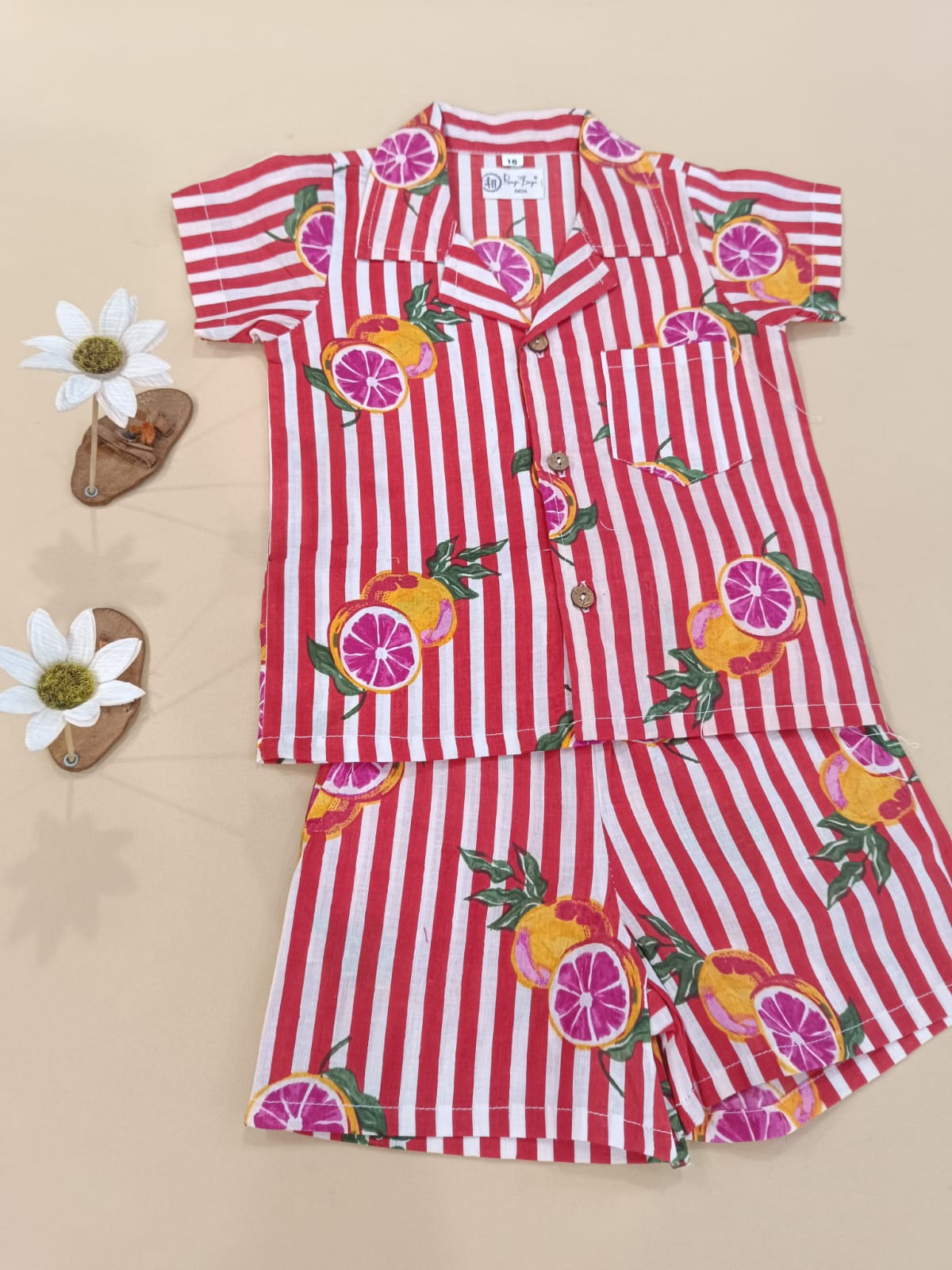 Red Striped-quirky-fruit  printed Cord-Set  for boys