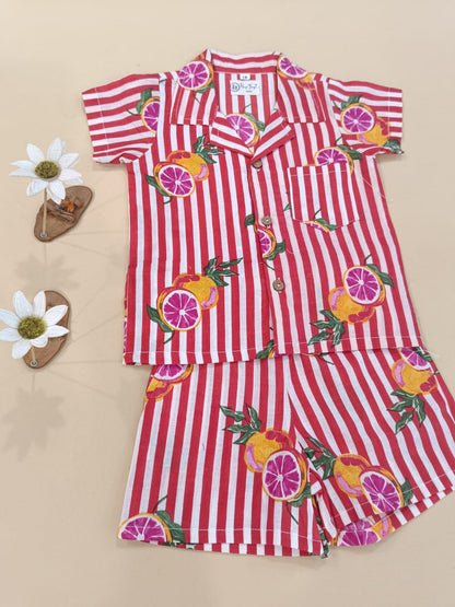 Red Striped-quirky-fruit  printed Cord-Set  for boys
