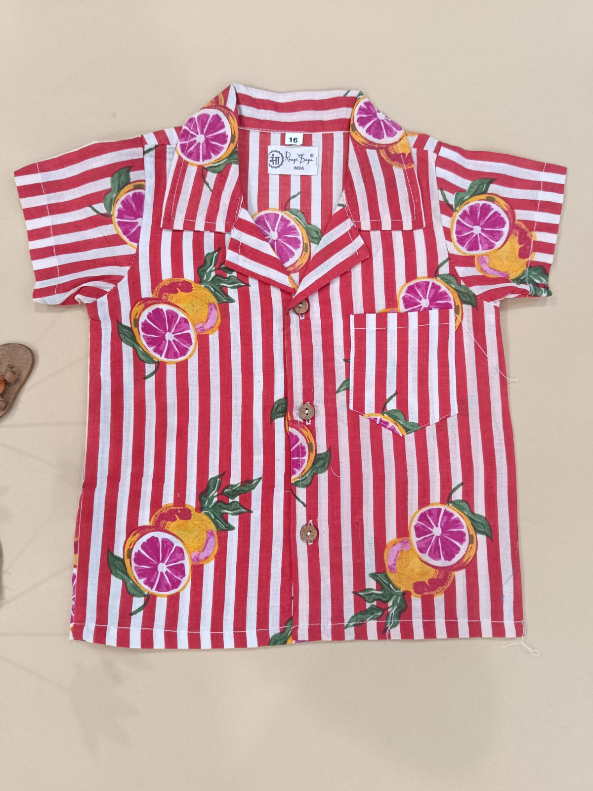 Red Striped-quirky-fruit  printed Cord-Set  for boys