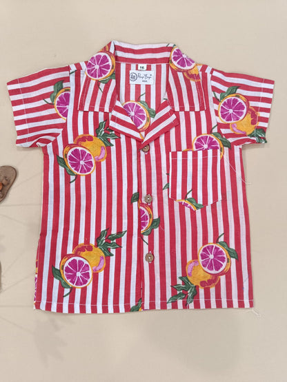 Red Striped-quirky-fruit  printed Cord-Set  for boys
