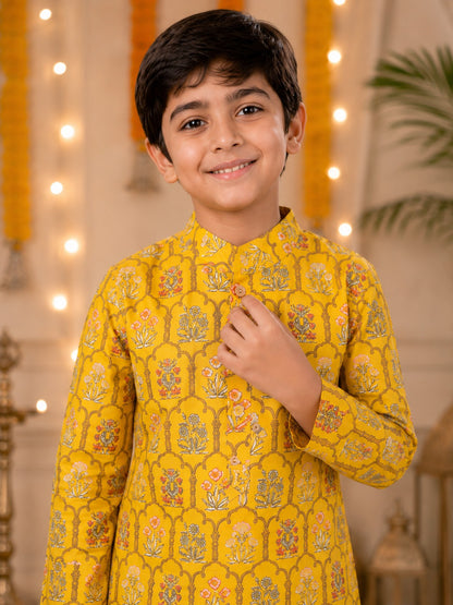 Boys Mughal Boota Printed Cambric Cotton Kurta Pyjama Set