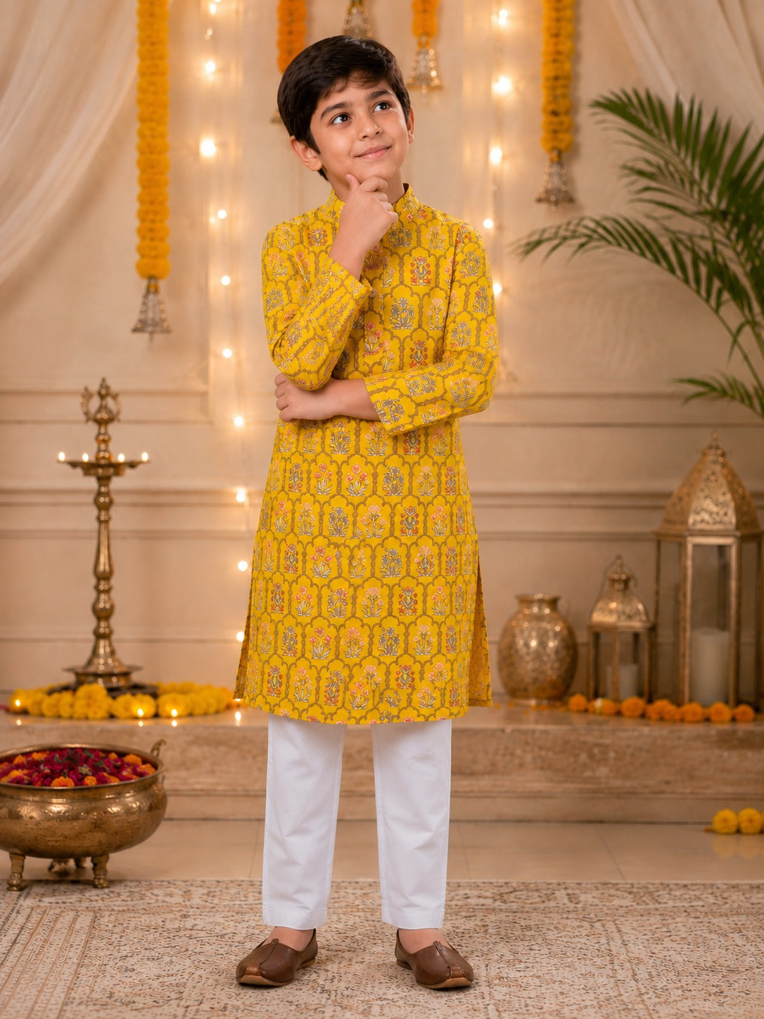 Boys Mughal Boota Printed Cambric Cotton Kurta Pyjama Set