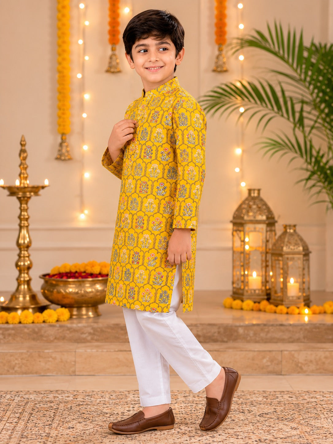 Boys Mughal Boota Printed Cambric Cotton Kurta Pyjama Set