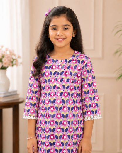 Girls Floral Printed Cambric Cotton Straight Kurta with Palazzo Set