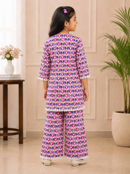 Girls Floral Printed Cambric Cotton Straight Kurta with Palazzo Set