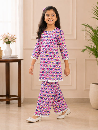 Girls Floral Printed Cambric Cotton Straight Kurta with Palazzo Set